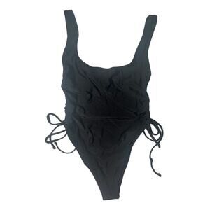 Forever 21 Womens Swimsuit Small One Piece Black Ruched Sexy Thigh High Baywatch